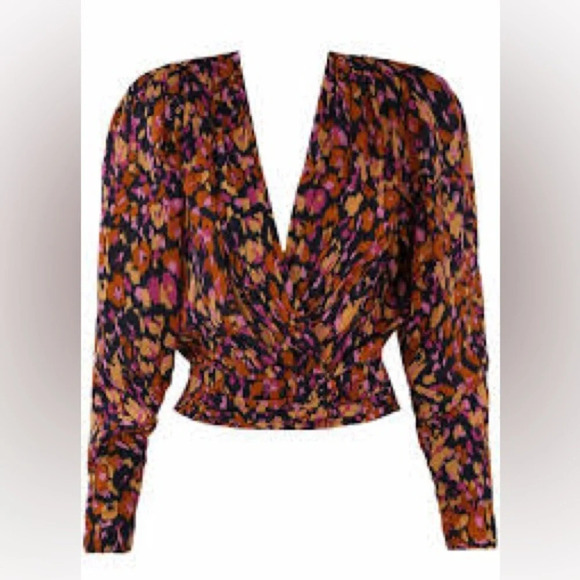 Floral Blouse long sleeve v neck smocked waist top - Picture 4 of 4